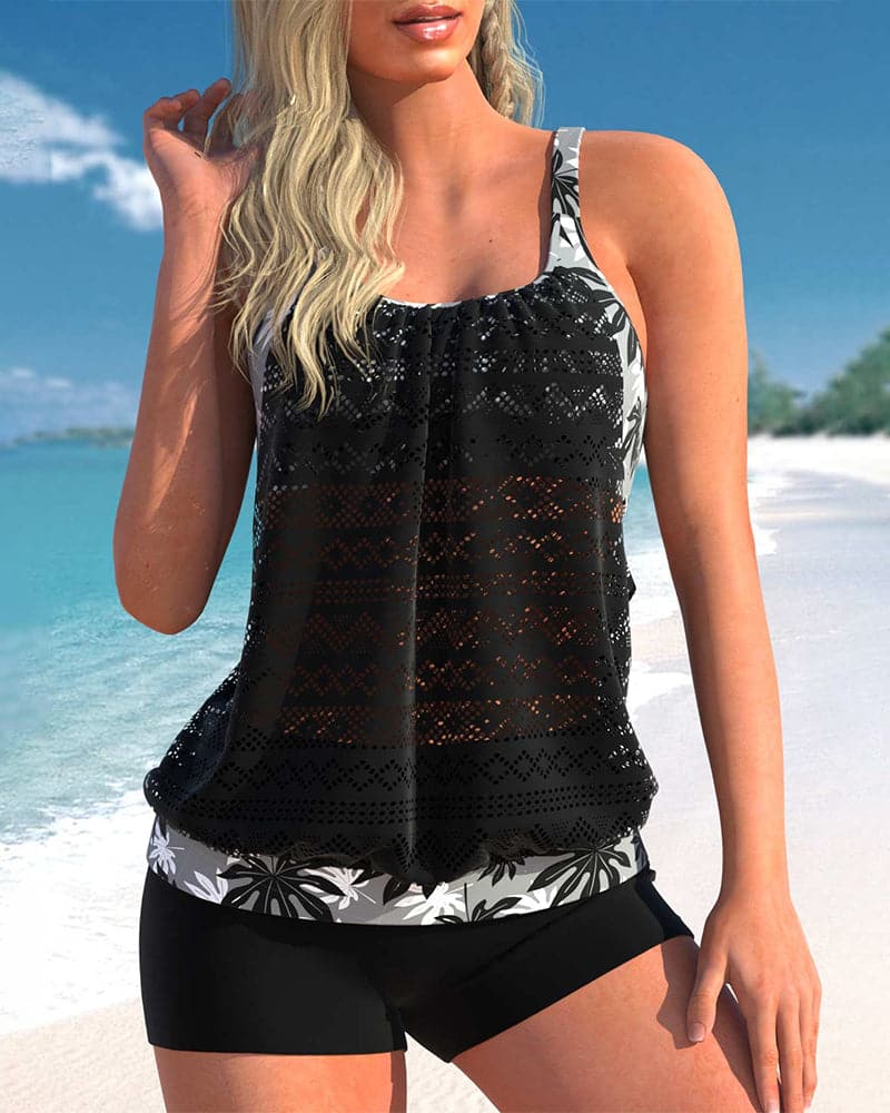 Tankini femme – Haut fluide dentelle – Bretelles larges – Short fleuri assorti