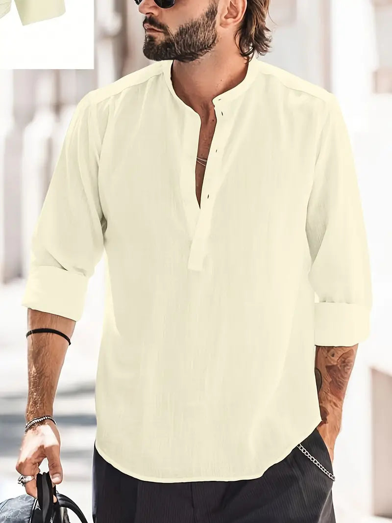 Chemise homme manches longues – Coupe décontractée – Col officier – Fibres naturelles respirantes