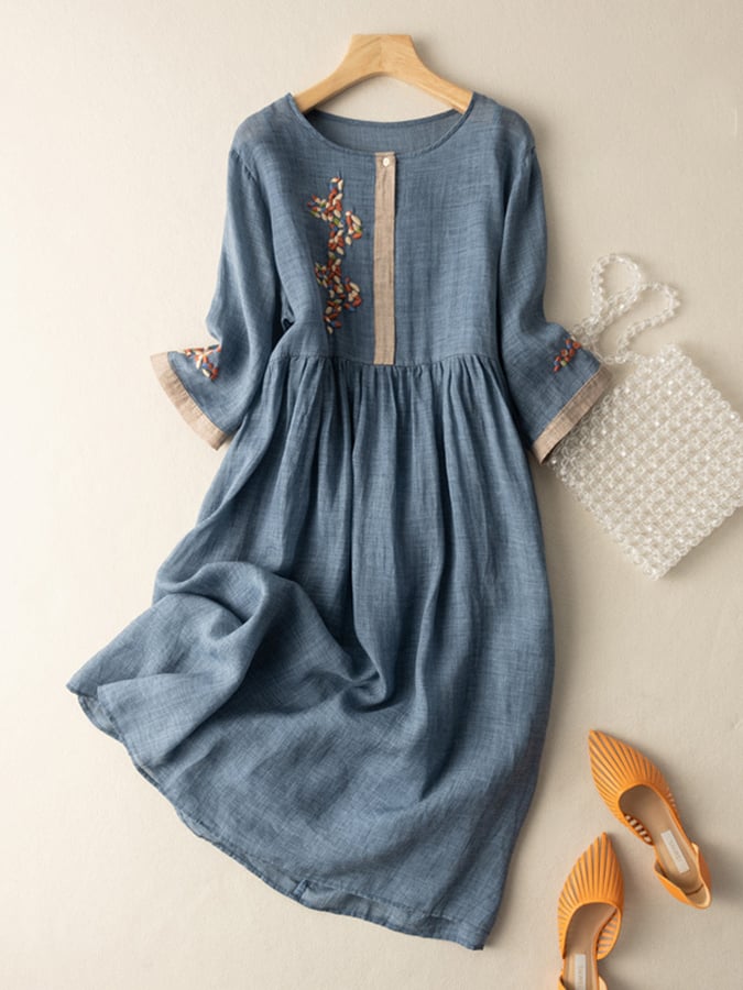 Robe femme midi – Coupe ample – Tissu naturel – Manches 3/4 – Détails brodés