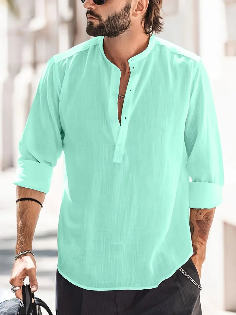 Chemise homme manches longues – Coupe décontractée – Col officier – Fibres naturelles respirantes