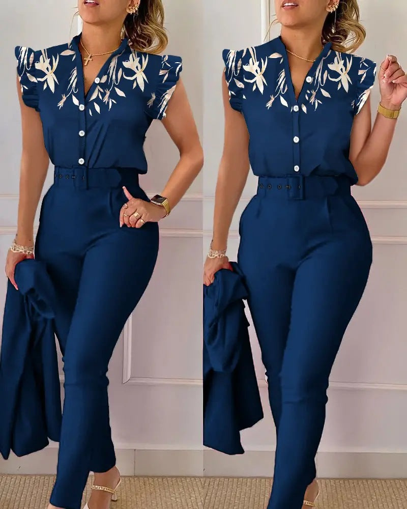 Ensemble deux pièces femme – Sans manches – Col V – Boutonnage devant – Manches pétales – Coupe décontractée