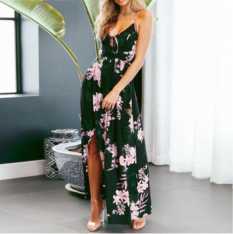 Robe longue femme – Coupe fluide – Bretelles fines – Fente jambe – Imprimé floral