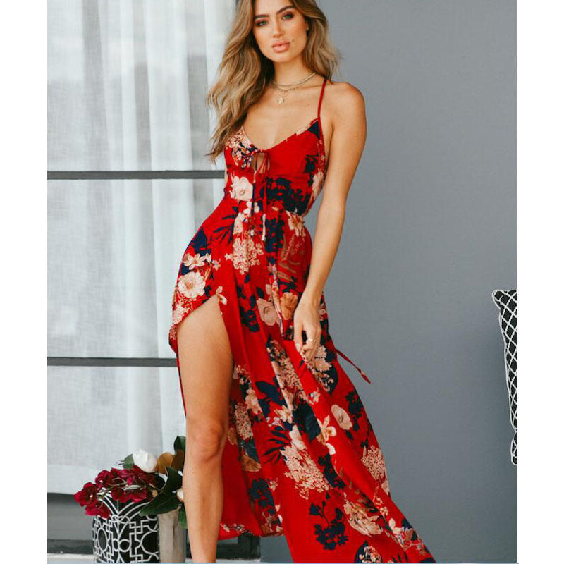 Robe longue femme – Coupe fluide – Bretelles fines – Fente jambe – Imprimé floral
