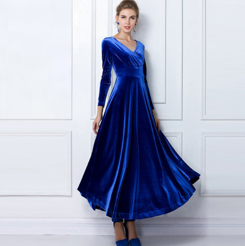 Robe de soirée femme – Velours doux – Coupe évasée – Décolleté plongeant – Manches longues