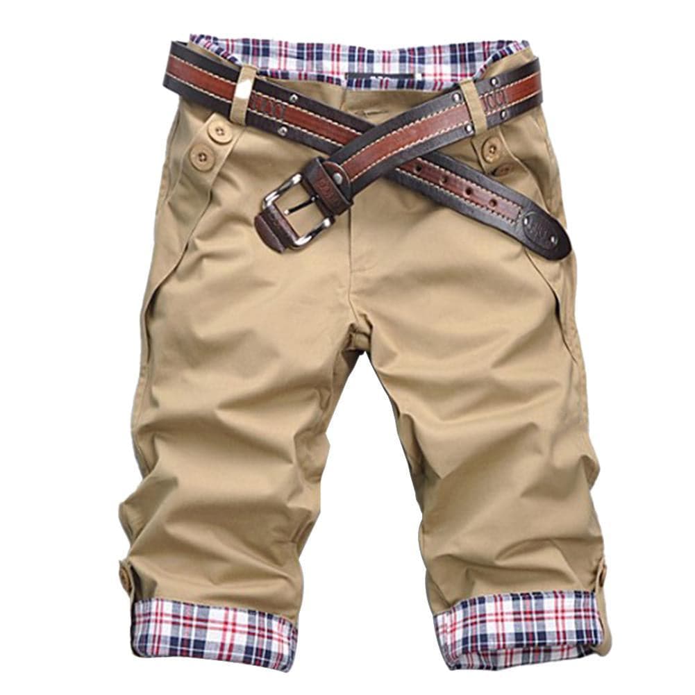 Pantalon court homme – Coupe ample – Revers à carreaux – Ceinture croisée