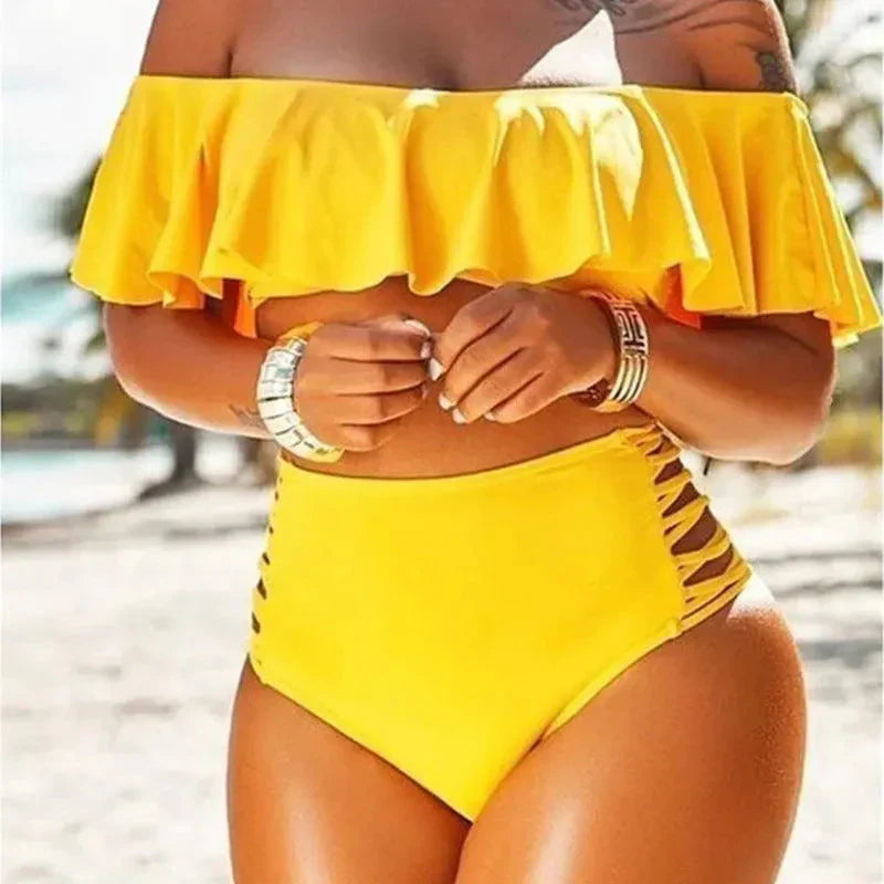 Ensemble bikini pour femme – Bikini taille haute – Volants épaules nues – Découpes côtés