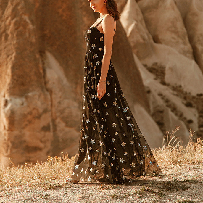Robe de soirée femme – Coupe slim – Tulle transparent – Bretelles fines – Motifs étoiles