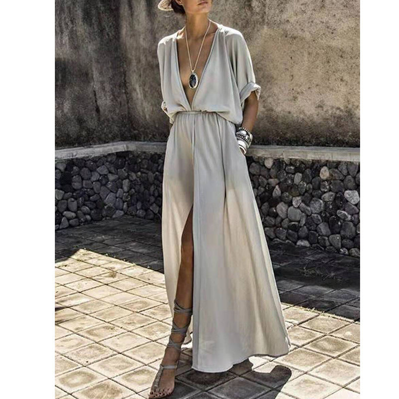 Robe femme longue – Décolleté plongeant – Fente avant – Coupe ample – Tissu léger