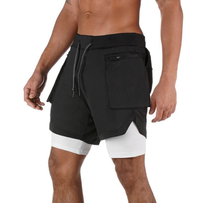 Short de sport homme – double couche – coupe ajustée – tissu respirant – poche zippée