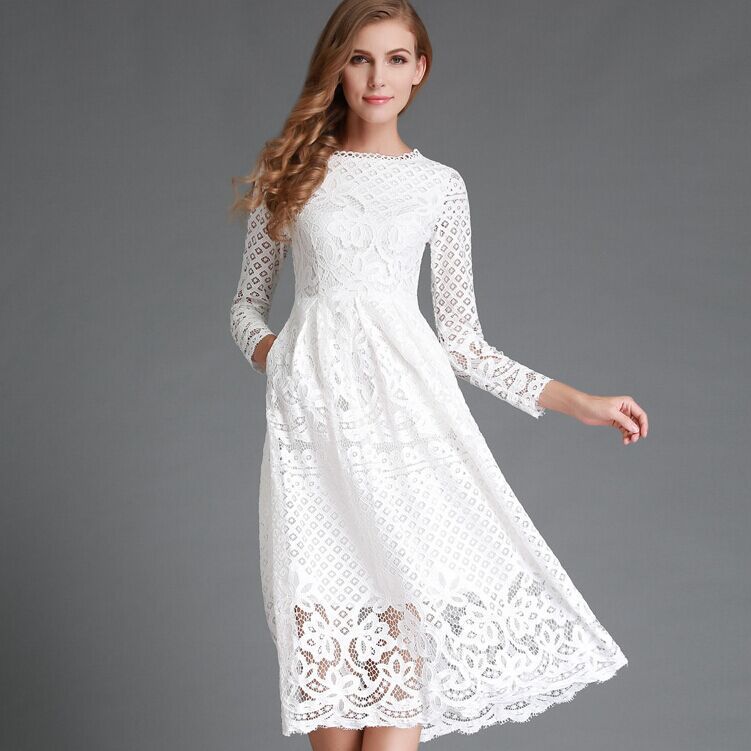Women's midi dress – Floral lace – Long sleeves – Elegant flared cut