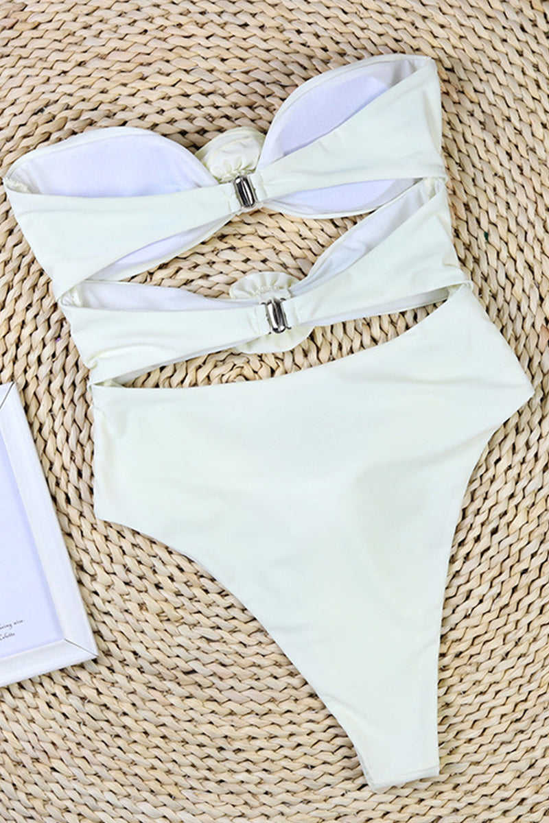 Maillot de bain femme bandeau – Coupe haute – Appliqués floraux – Découpe côté