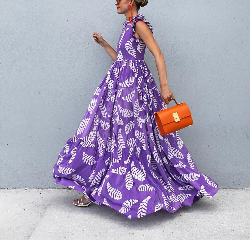 Robe longue femme – Coupe fluide – Sans manches – Volants – Imprimé fleuri