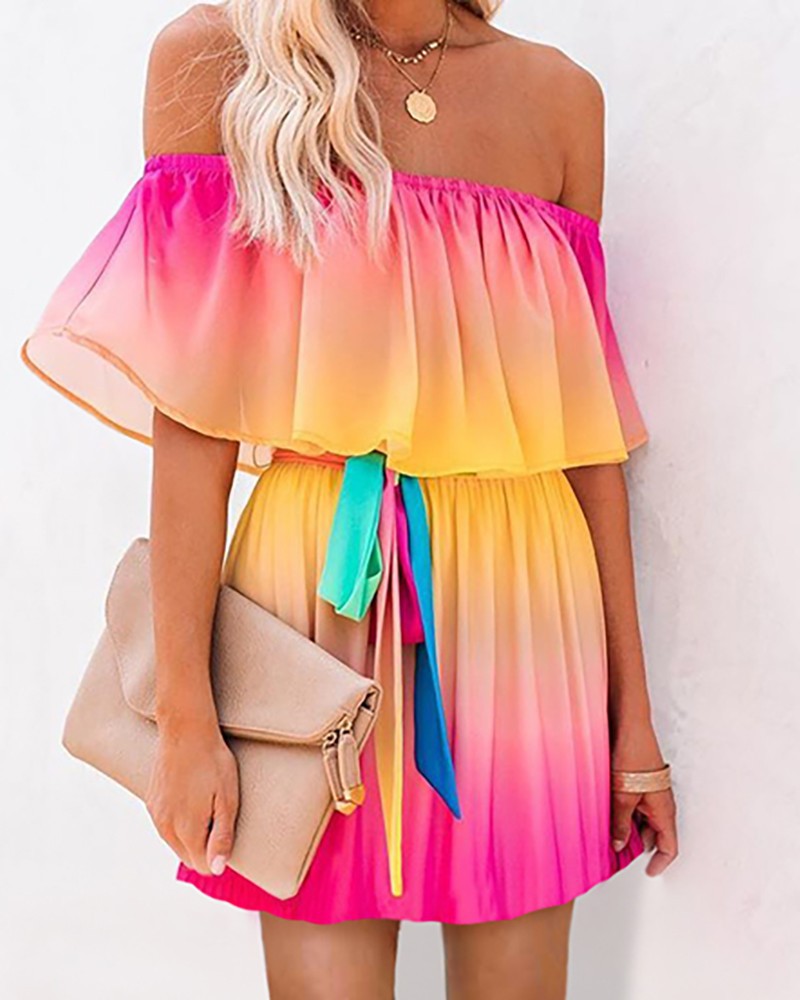 Robe femme – Épaules dénudées à volants – Taille cintrée