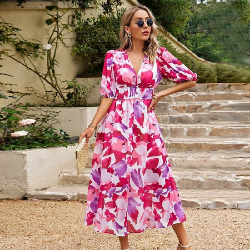 Robe midi femme – Coupe évasée – Décolleté en V – Manches bouffantes – Tissu respirant