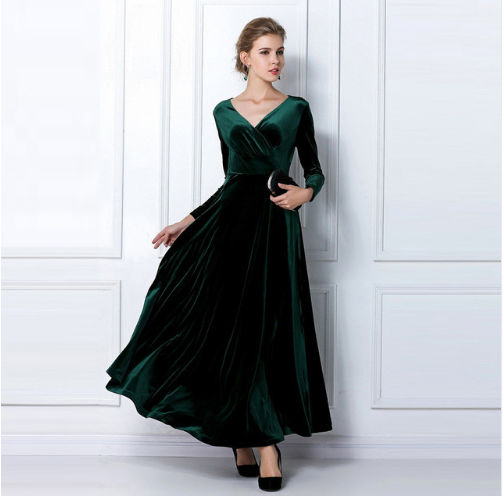 Robe de soirée femme – Velours doux – Coupe évasée – Décolleté plongeant – Manches longues