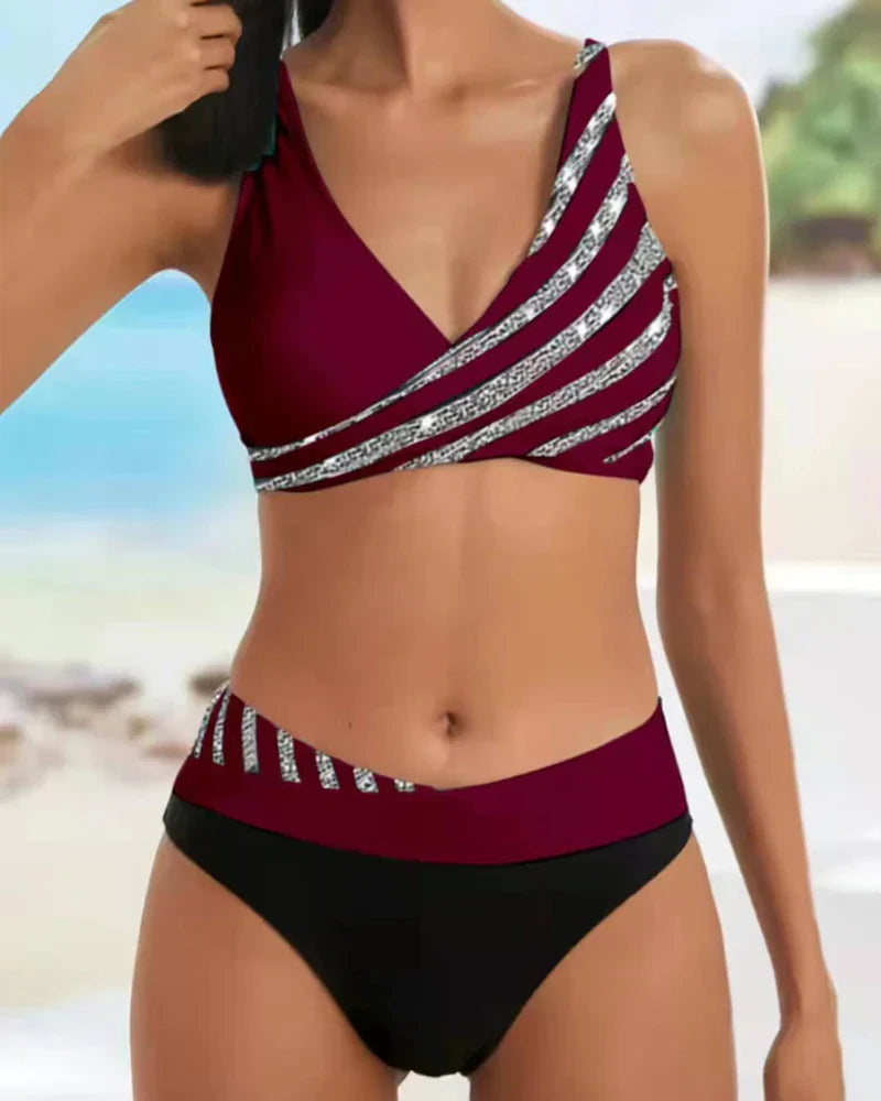 Bikini femme – Taille haute – Haut croisé – Tissu extensible respirant – Rayures imprimées