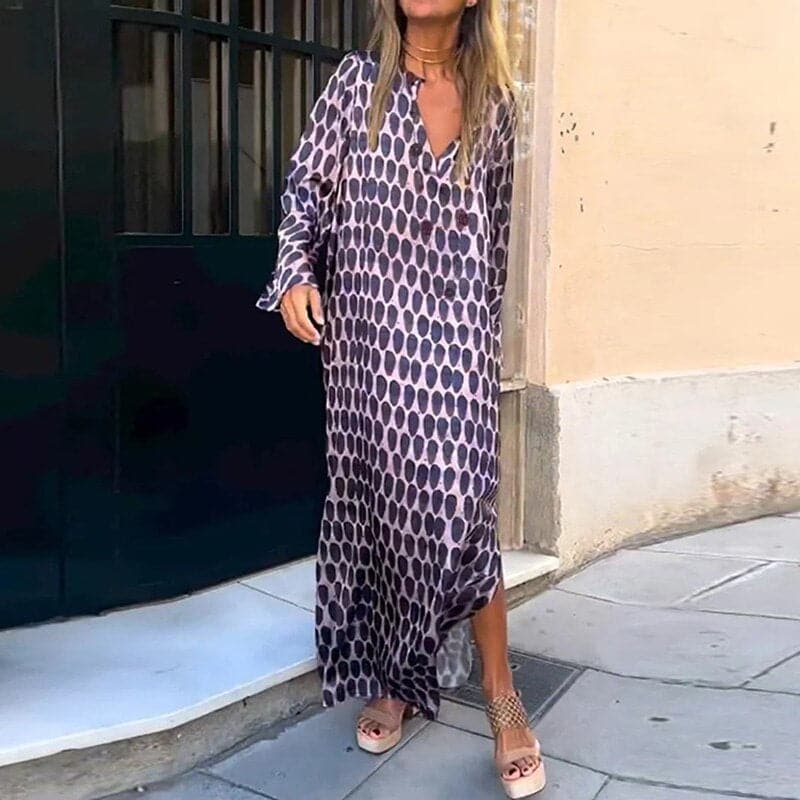 Robe longue femme – Coupe ample – Manches longues – Col en V – Fente latérale – Tissu respirant