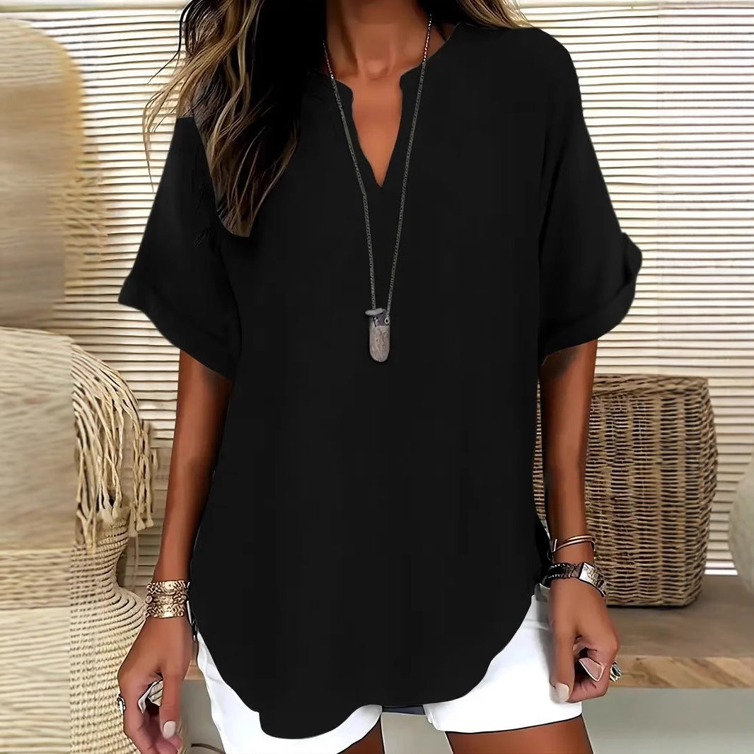 Blouse femme – Coupe ample – Manches courtes – Décolleté en V – Fibres naturelles