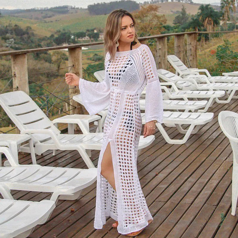 Robe de Plage Femme – Maille Légère – Coupe Flottante – Manches Longues – Fente Haute