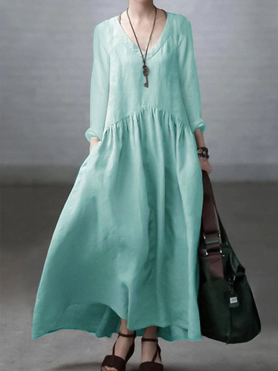 Robe longue femme – Coupe décontractée – Fibres naturelles – Manches longues – Col V