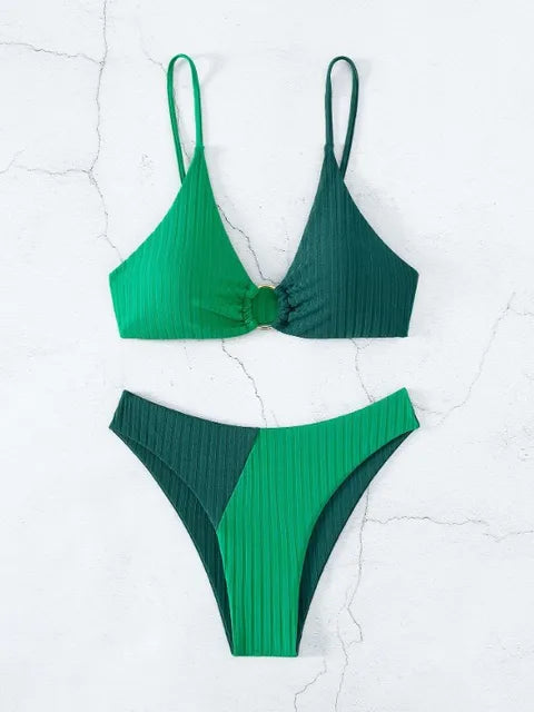 Bikini femme – Haut push-up ajustable – Taille haute – Tissu côtelé – Détail anneau