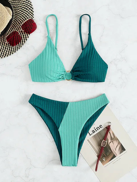 Bikini femme – Haut push-up ajustable – Taille haute – Tissu côtelé – Détail anneau