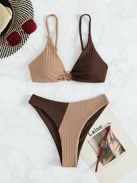 Bikini femme – Haut push-up ajustable – Taille haute – Tissu côtelé – Détail anneau