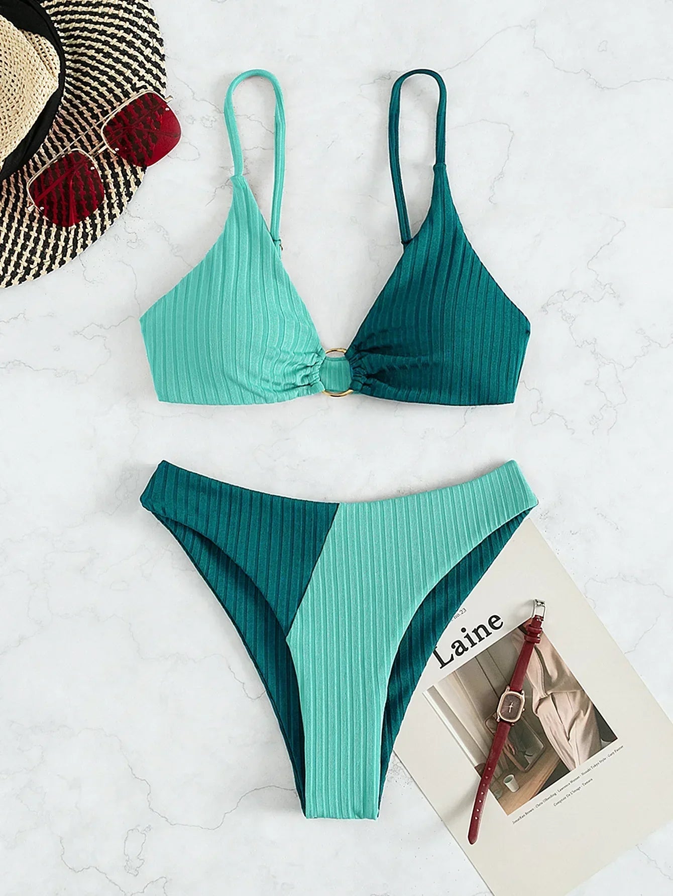 Bikini femme – Haut push-up ajustable – Taille haute – Tissu côtelé – Détail anneau