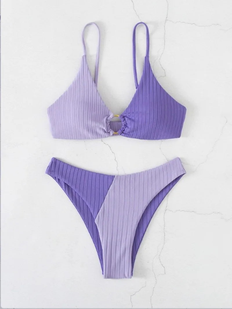 Bikini femme – Haut push-up ajustable – Taille haute – Tissu côtelé – Détail anneau