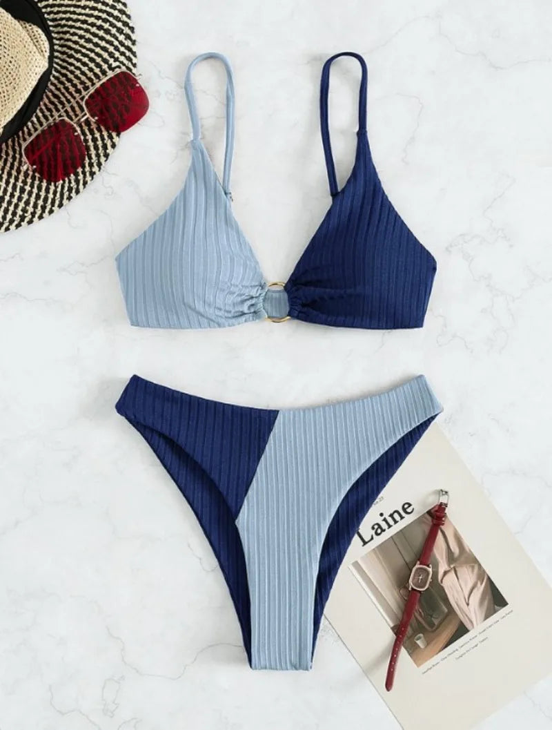 Bikini femme – Haut push-up ajustable – Taille haute – Tissu côtelé – Détail anneau