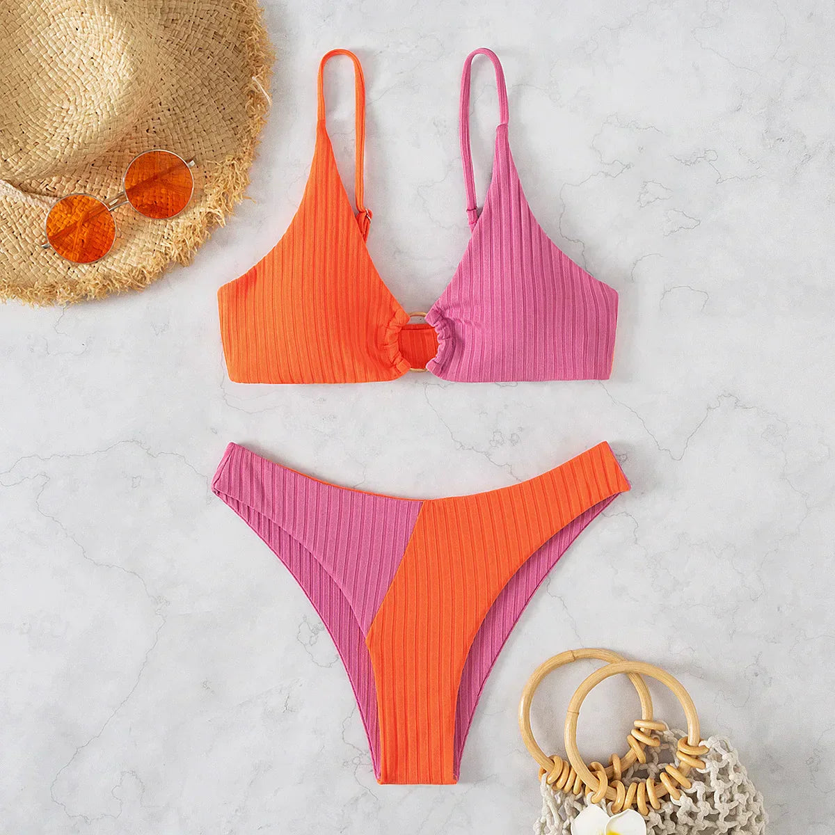 Bikini femme – Haut push-up ajustable – Taille haute – Tissu côtelé – Détail anneau