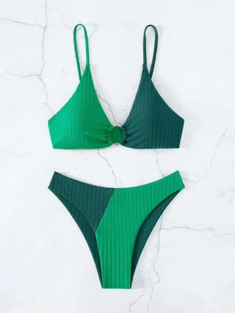 Bikini femme – Haut push-up ajustable – Taille haute – Tissu côtelé – Détail anneau