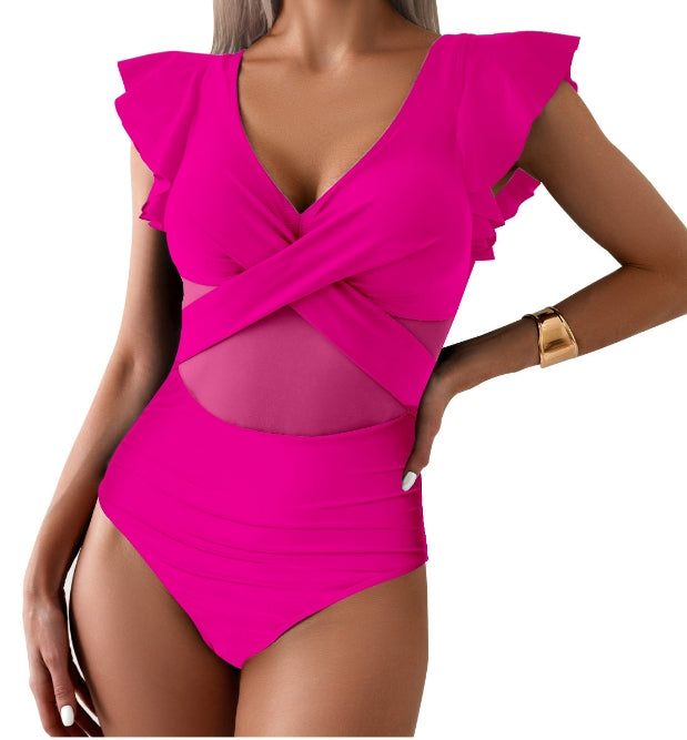Maillot de bain 1 pièce femme – Décolleté plongeant – Manches à volants – Détail en mesh