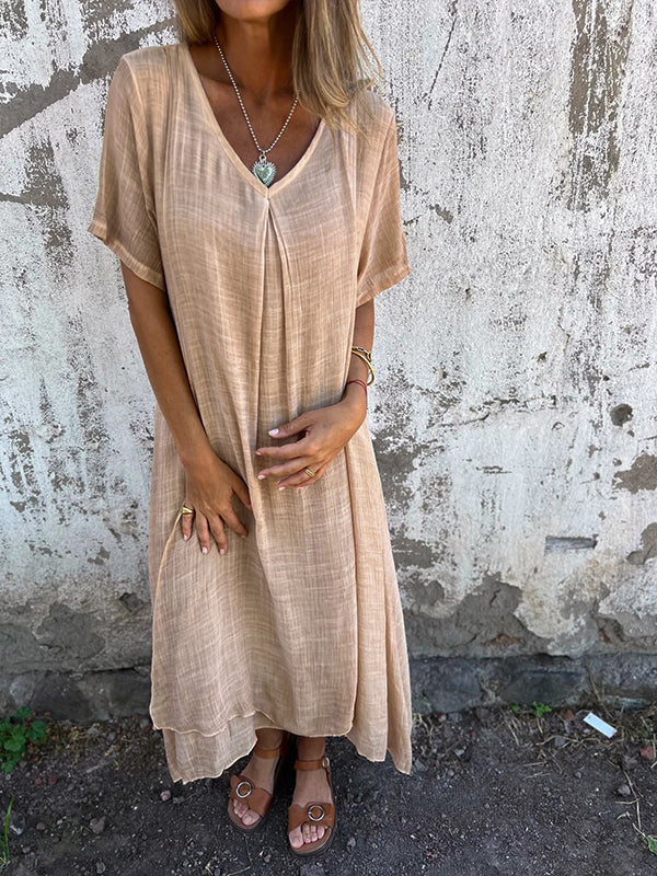 Robe femme – Coupe décontractée – Tissu respirant – Col en V – Manches courtes fluides