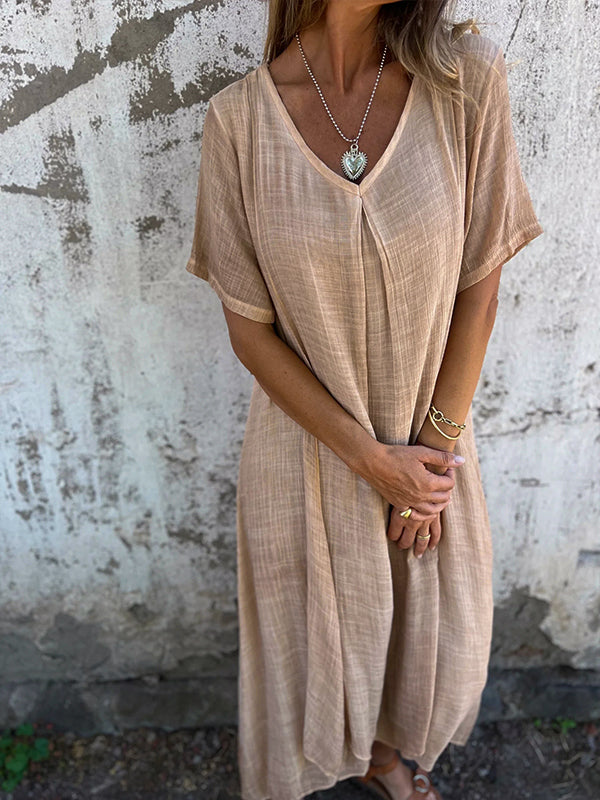 Robe femme – Coupe décontractée – Tissu respirant – Col en V – Manches courtes fluides