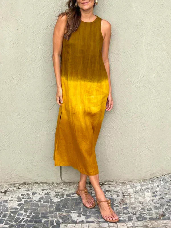 Robe midi femme – Coupe décontractée – Sans manches – Fibres naturelles – Fente côté