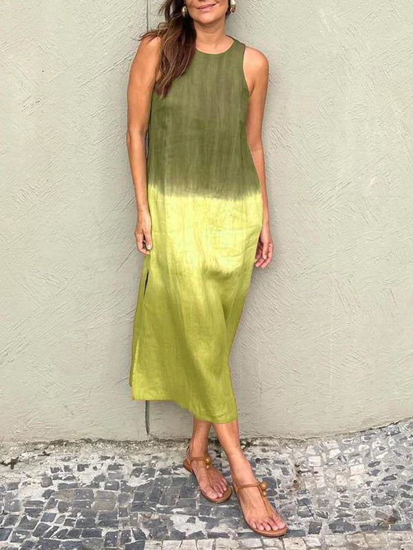 Robe midi femme – Coupe décontractée – Sans manches – Fibres naturelles – Fente côté