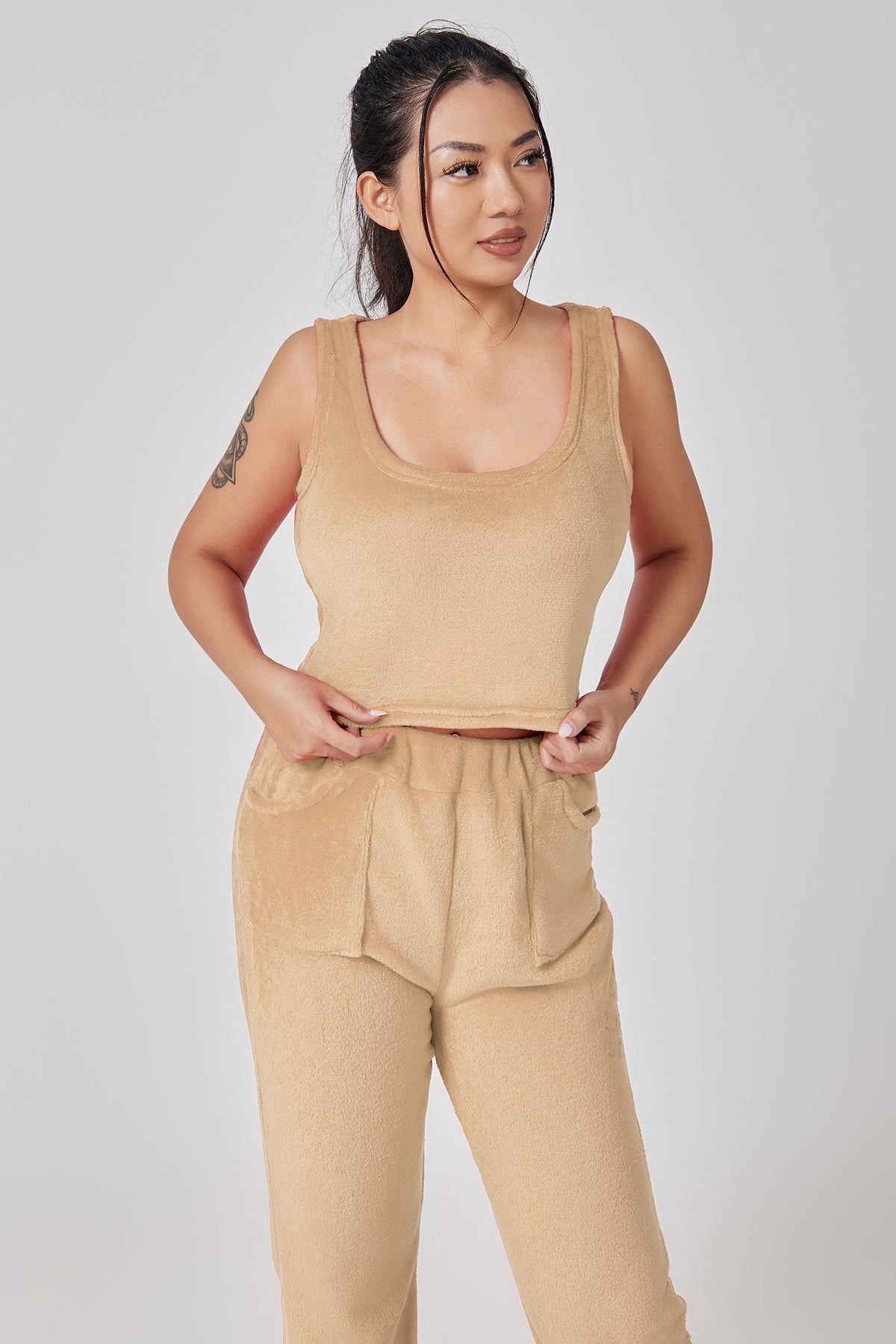 Femme Ensemble Lounge - Crop Top, Pantalon et Cardigan - Coupe Relax - Douillet - Polyvalent