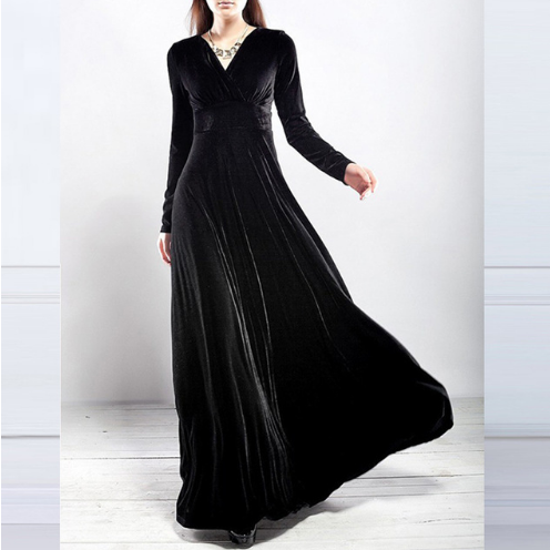 Robe de soirée femme – Velours doux – Coupe évasée – Décolleté plongeant – Manches longues