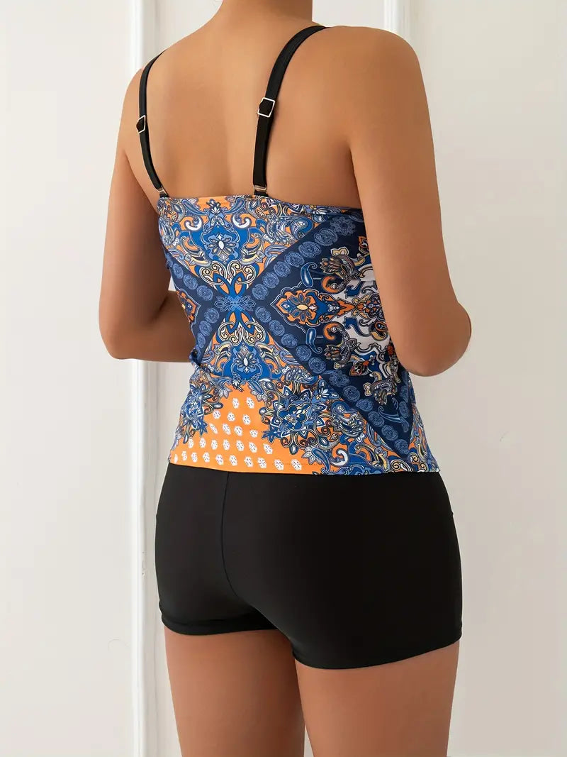 Tankini femme – Ensemble 2 pièces – Motif tribal – Bretelles réglables – Coupe ajustée