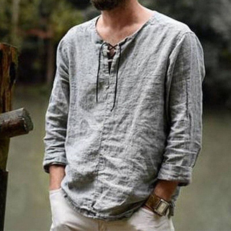 Chemise homme manches longues – Coupe décontractée – Fibres naturelles – Col lacé