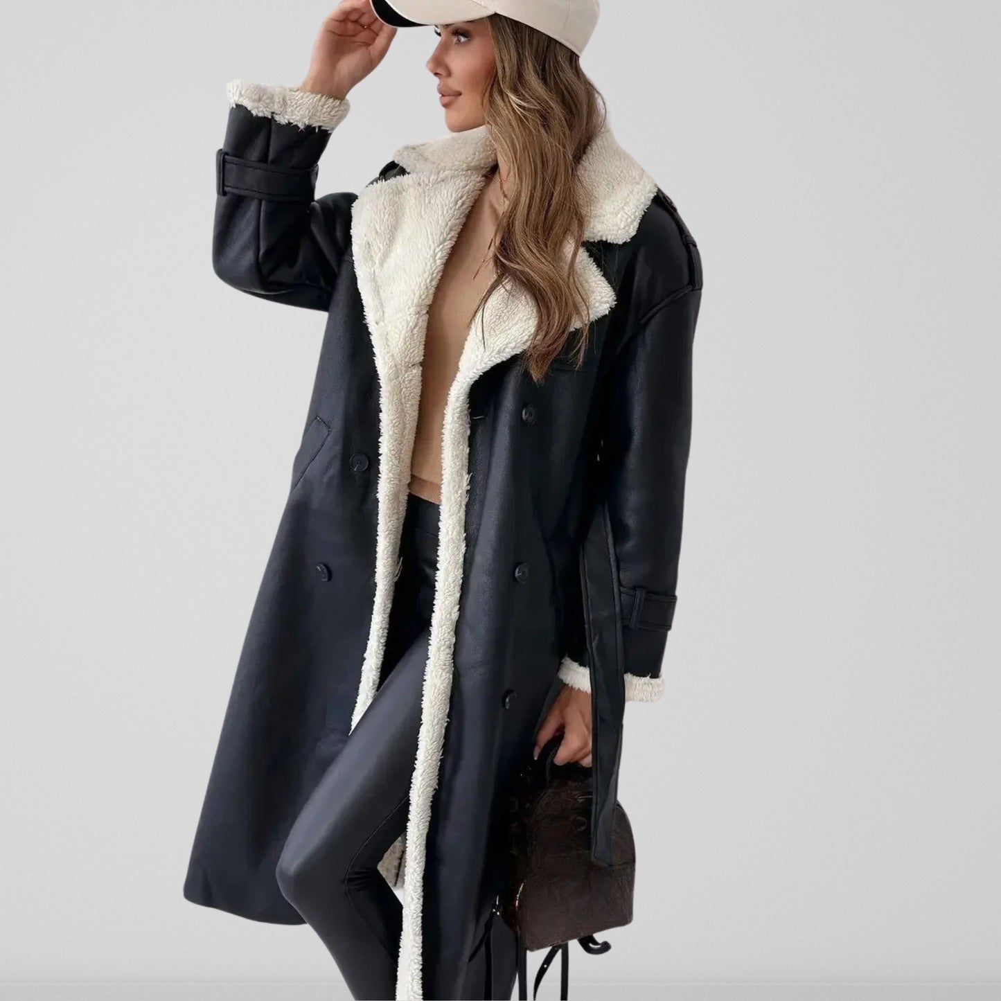 Manteau femme long – Coupe oversize – Doublure effet mouton – Ceinturé croisé