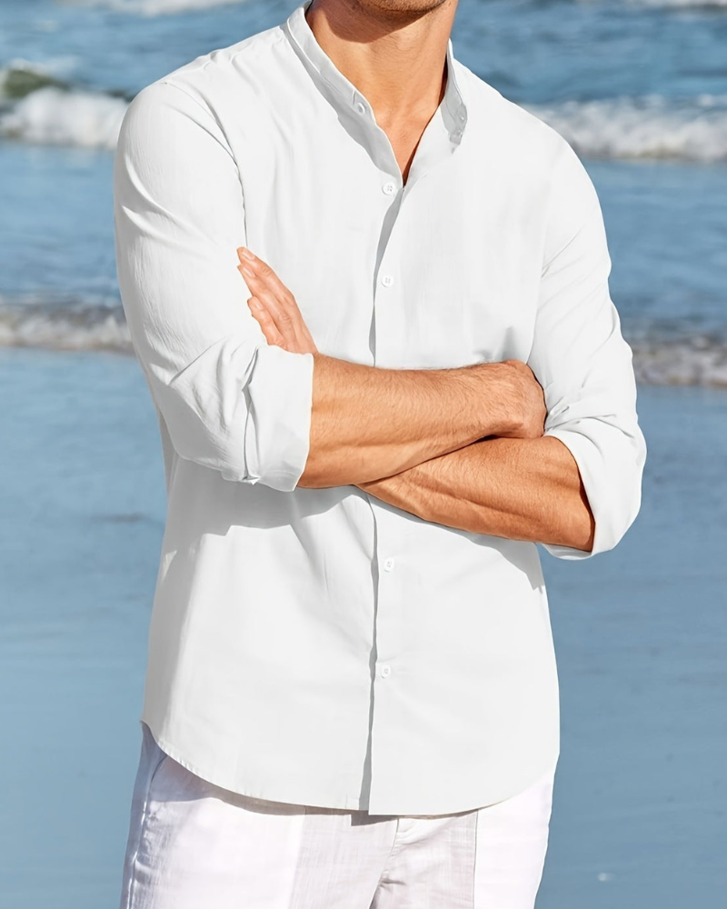 Chemise homme – Coupe décontractée – Fibres naturelles – Col mao – Manches longues