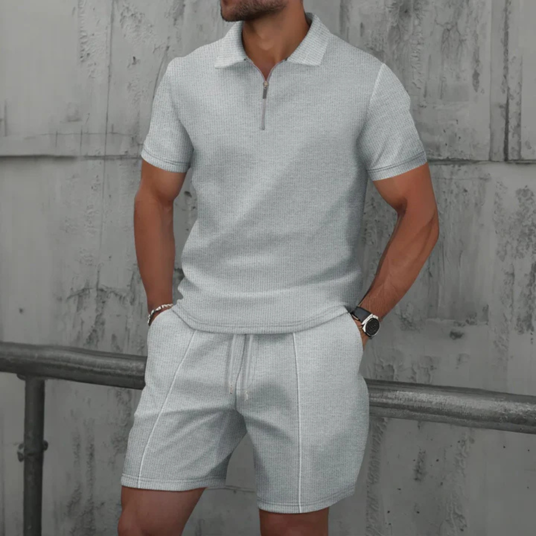 Ensemble coordonné homme – Polo slim avec zip – Maille douce – Short mi-cuisse