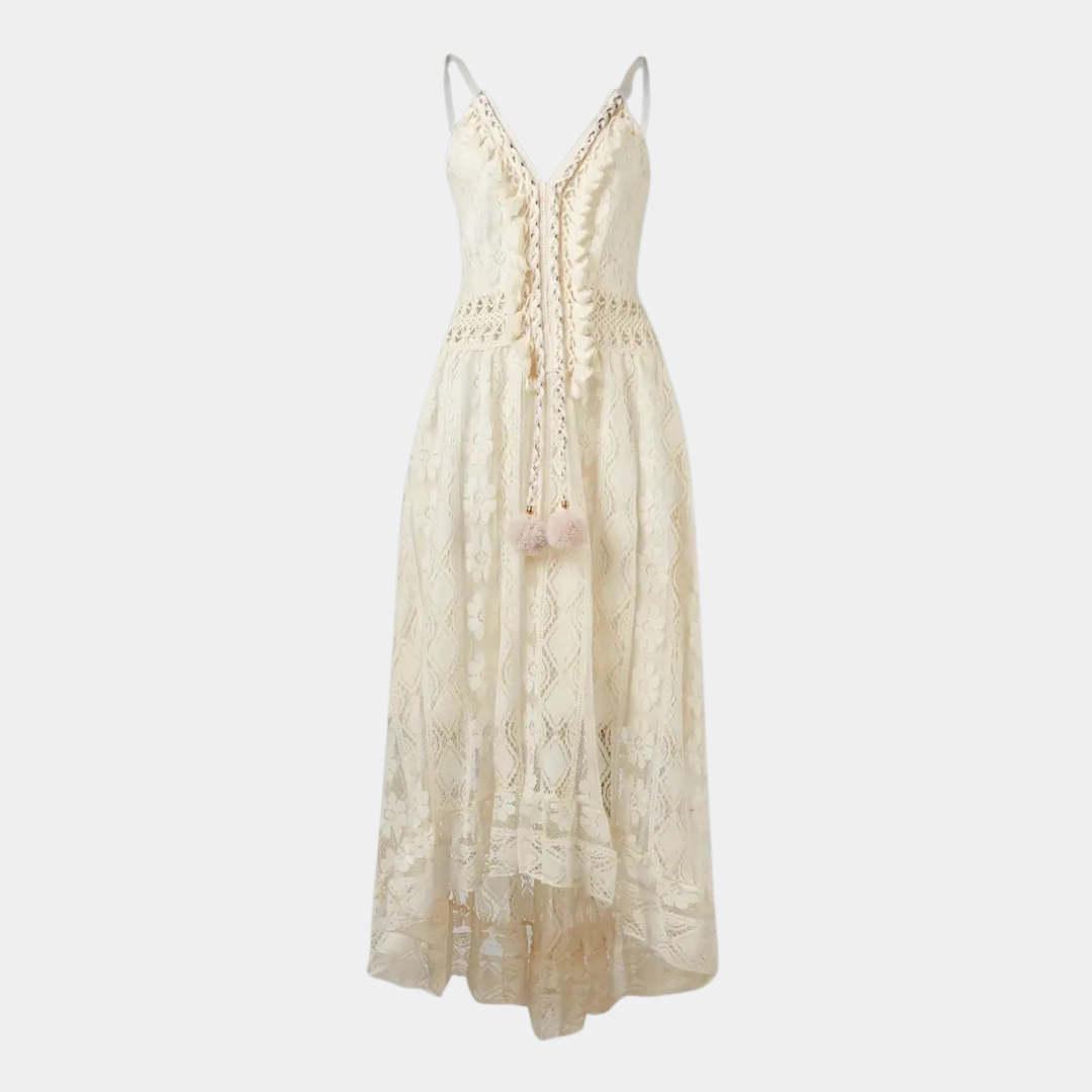 Robe midi femme – Coupe fluide – Détails en dentelle – Bretelles fines – Style bohème