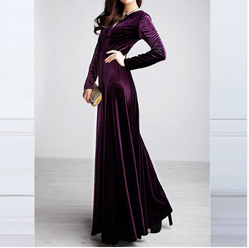 Robe de soirée femme – Velours doux – Coupe évasée – Décolleté plongeant – Manches longues