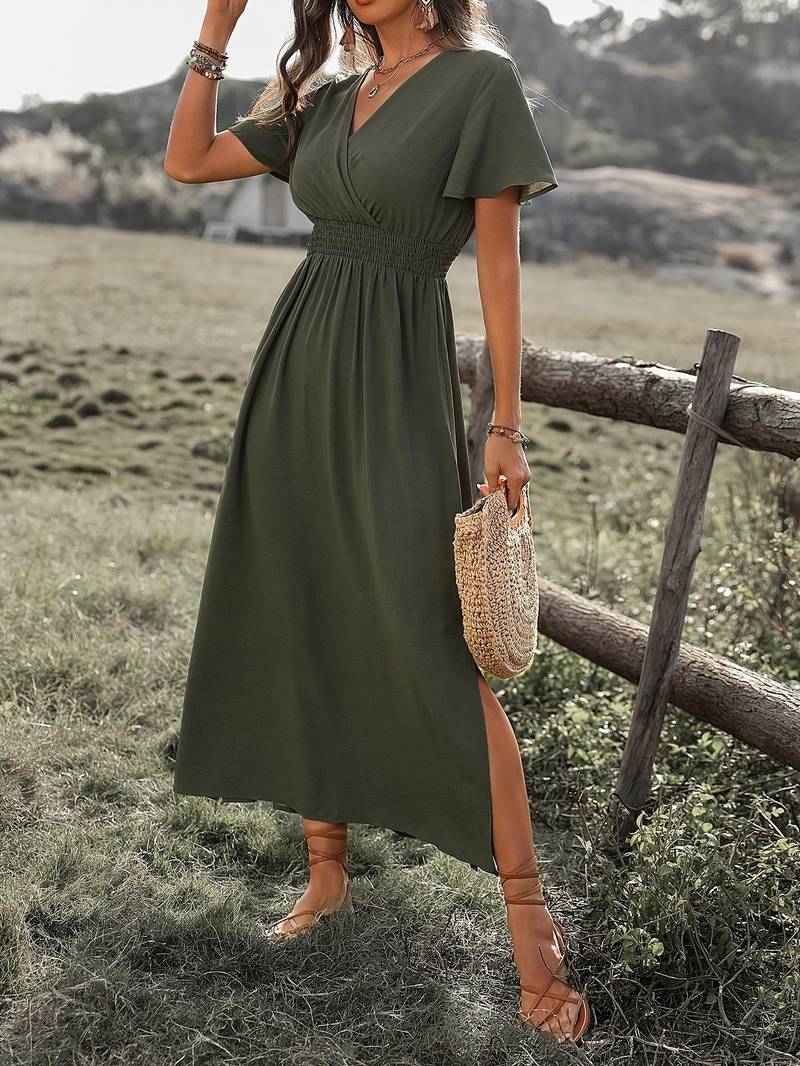 Robe midi femme – Coupe évasée – Décolleté cache-cœur – Manches courtes – Tissu fluide respirant
