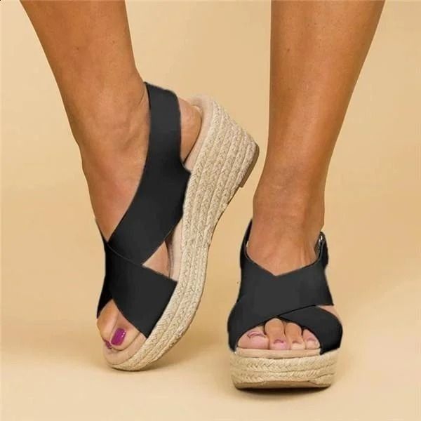 Sandales compensées femme – Brides croisées – Plateforme espadrille – Bout ouvert