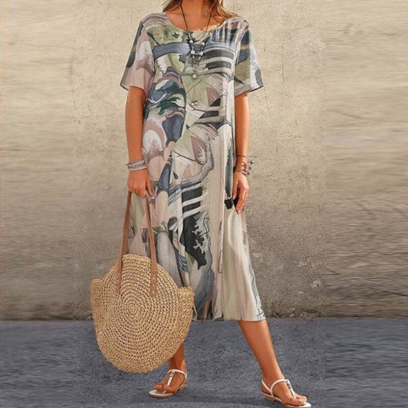 Robe midi femme – Coupe décontractée – Manches courtes – Tissu respirant – Motif abstrait
