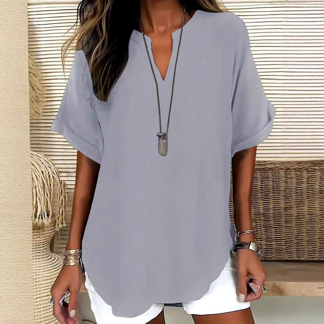 Blouse femme – Coupe ample – Manches courtes – Décolleté en V – Fibres naturelles